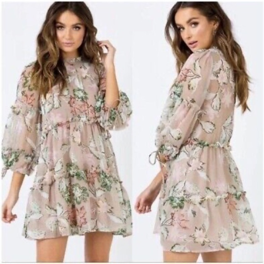 Princess Polly Eden Bloom Blush Floral Mini Beige Floral Ruffle Tiered Dress 0 - Picture 1 of 12